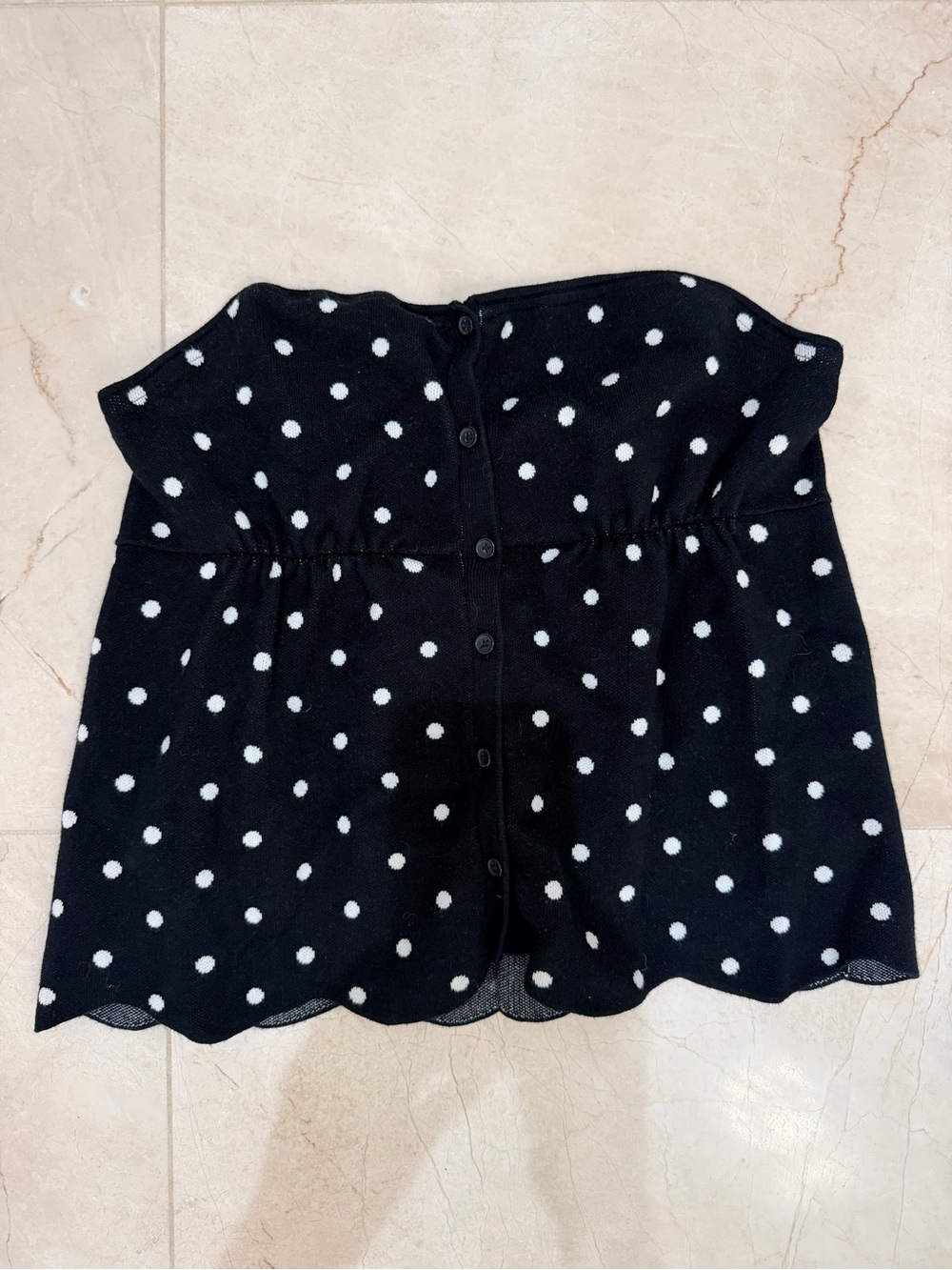 MAEVE Strapless Black/White Polka Dot Button-Front sweater top with scallop hem